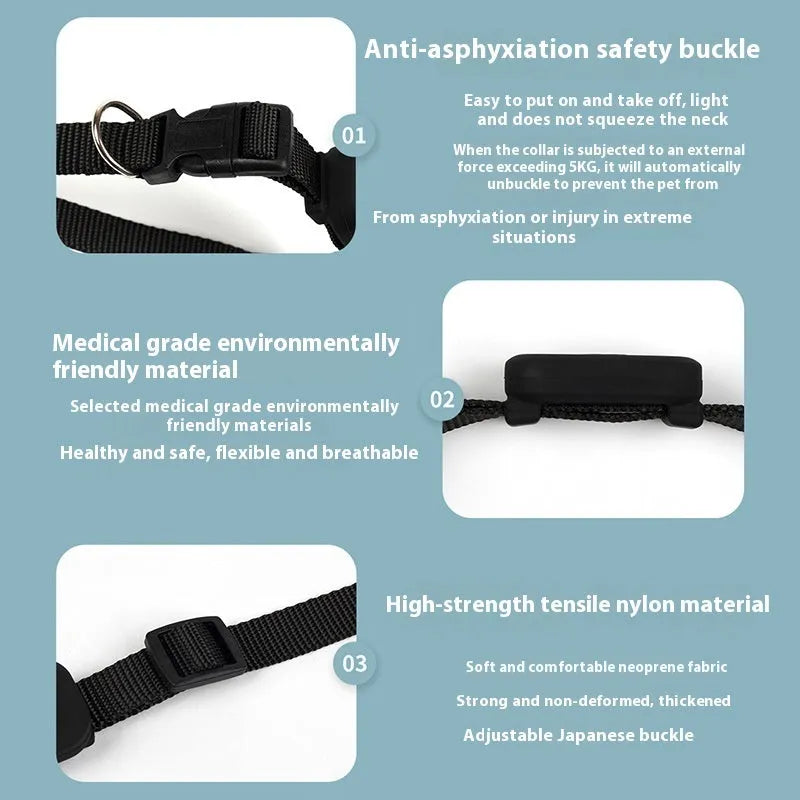 Bluetooth pet positioning collar for cats and puppies in black, blue, or pink with adjustable 28-39cm sizing