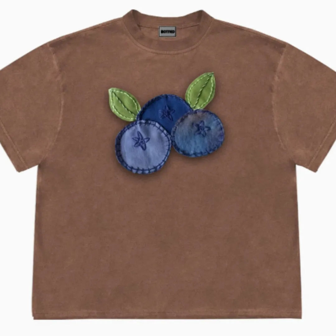 Blueberry fabric floral patchwork short-sleeved t-shirt in loose fit ice oxygen cotton