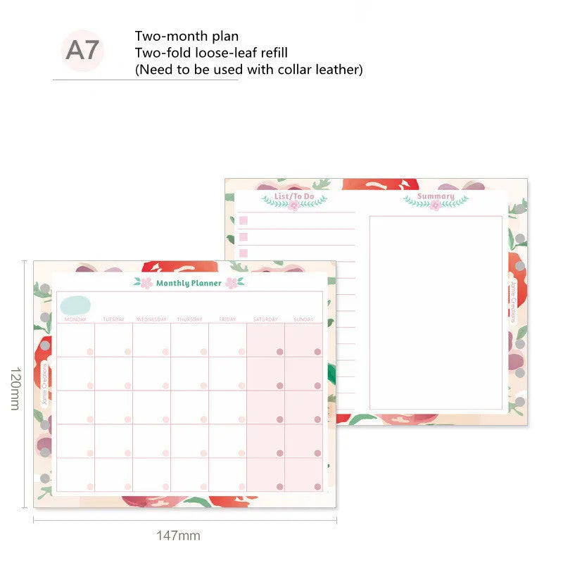 Handbook loose-leaf refill sheets showing floral monthly planner and symphony tri-fold layouts in A5, A6, A7 sizes