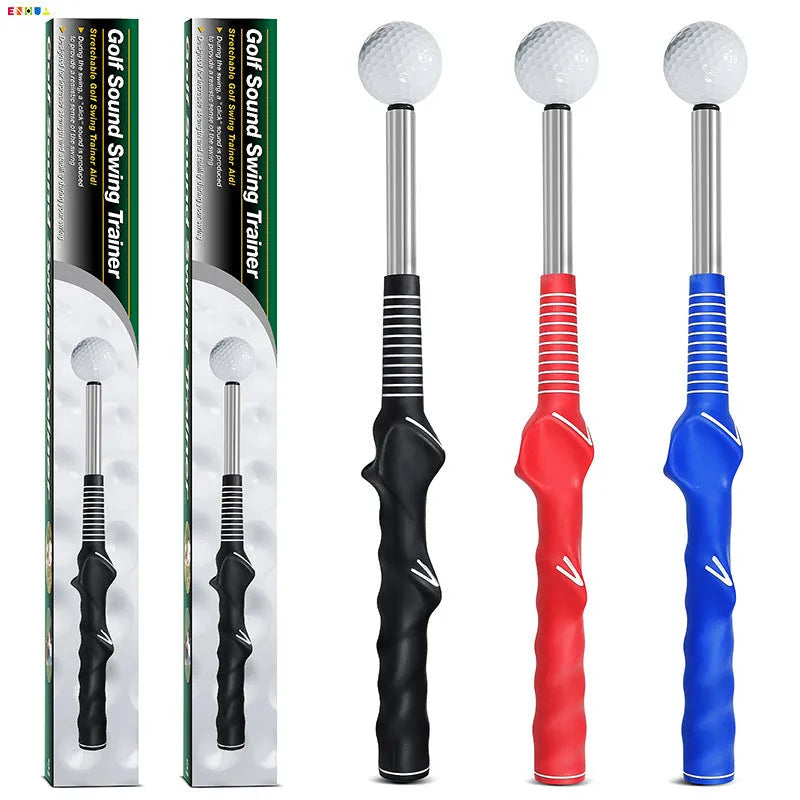 Telescopic golf swing trainer in stainless steel, shown extended for use