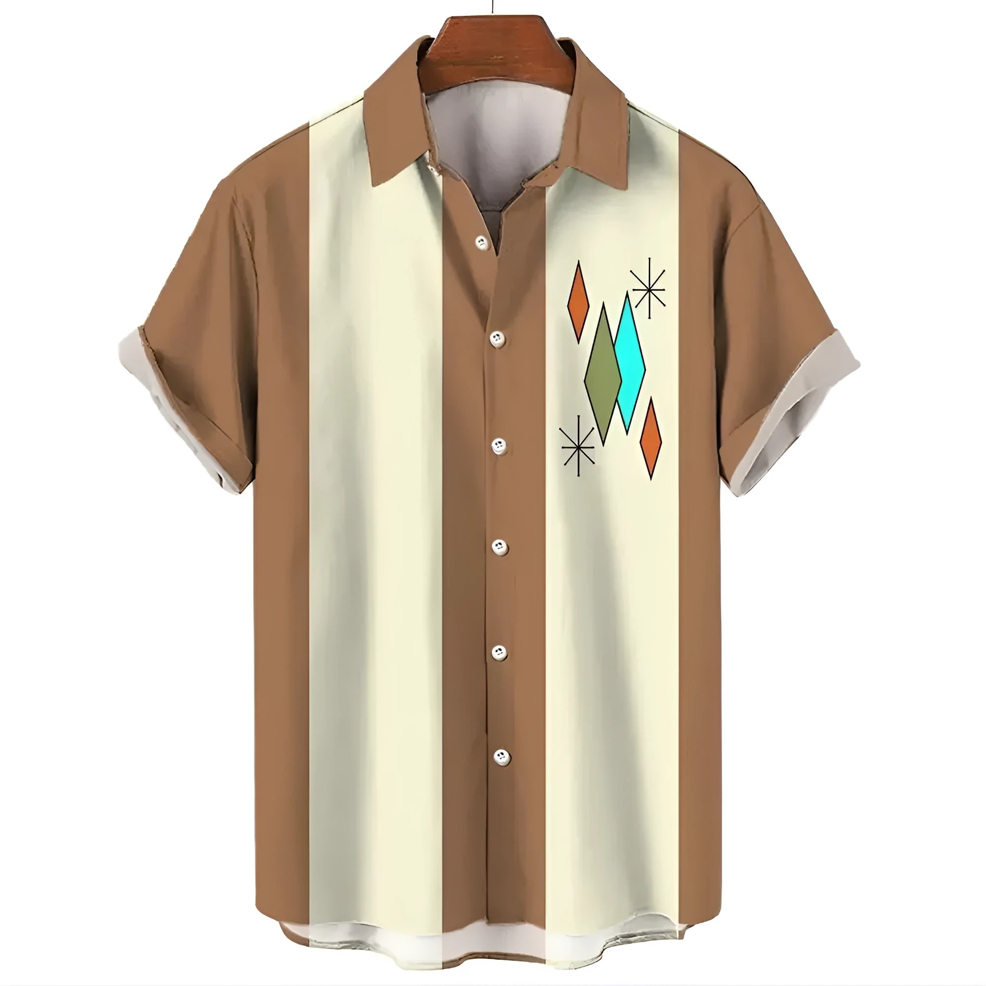 Men's striped Hawaiian shirt with button front and short sleeves in elastic polyester fabric