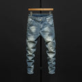 Men's slim-fitting skinny jeans in dark blue cotton denim with micro elasticity, showing mid-waist trousers design