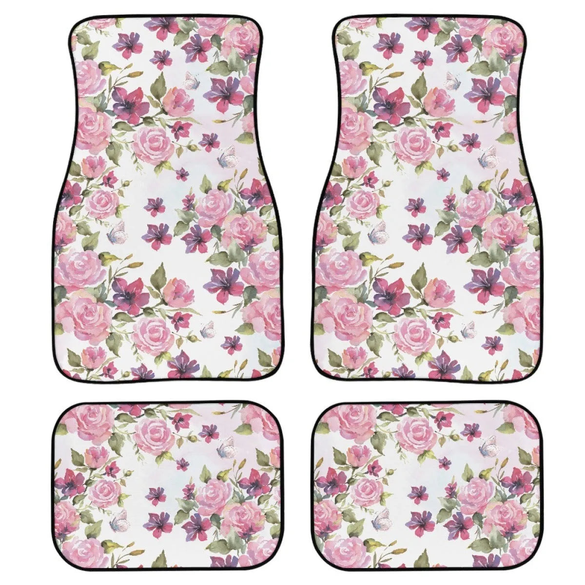 Black printed rubber car foot mat set showing four pieces for vehicle footwells.