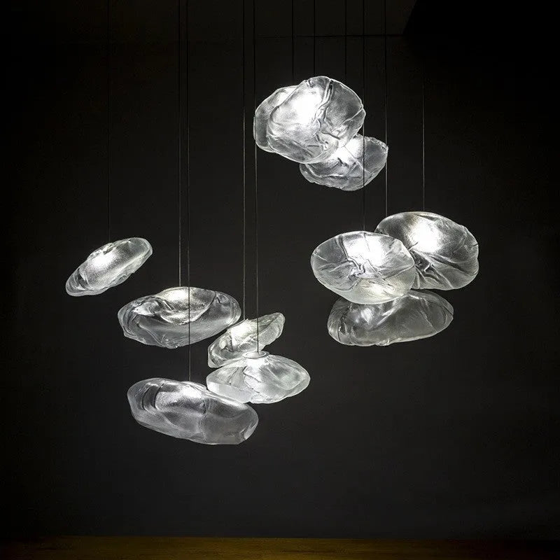 Postmodern glass decorative chandelier with LED lighting in amber, clear, or smoke grey colours