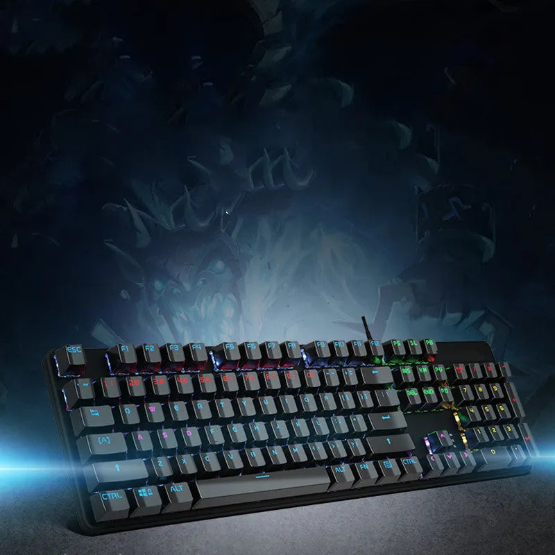 AOC GK410 mechanical keyboard with green switches, metal case, and red backlit keys.