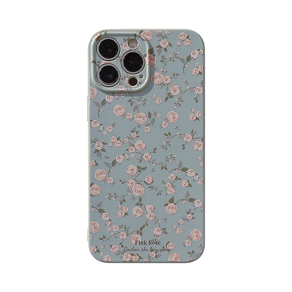 Korean vintage floral TPU phone case for Apple iPhone with painted flowers in embroidered green, water blue, or white colourway