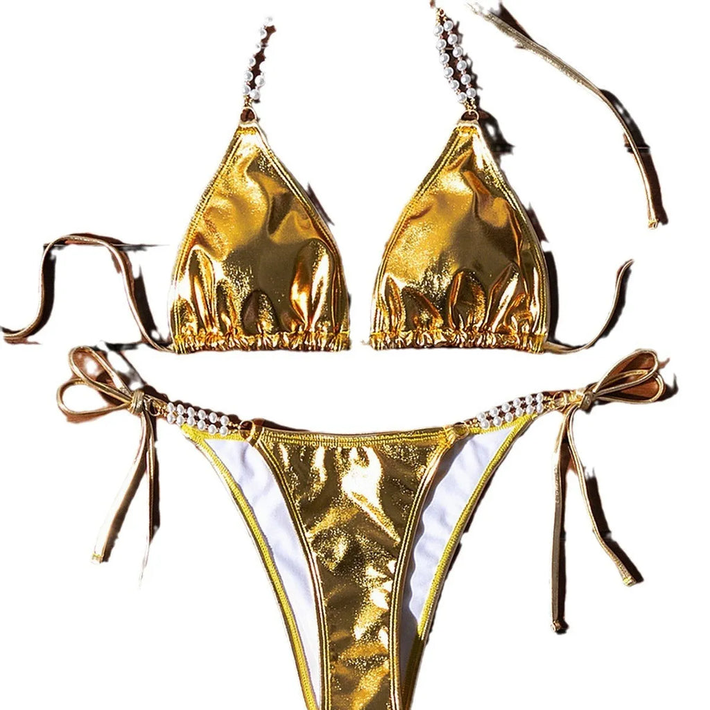 Gold halter lace-up bikini swimsuit with pearl chain detail, shown in Asian sizes