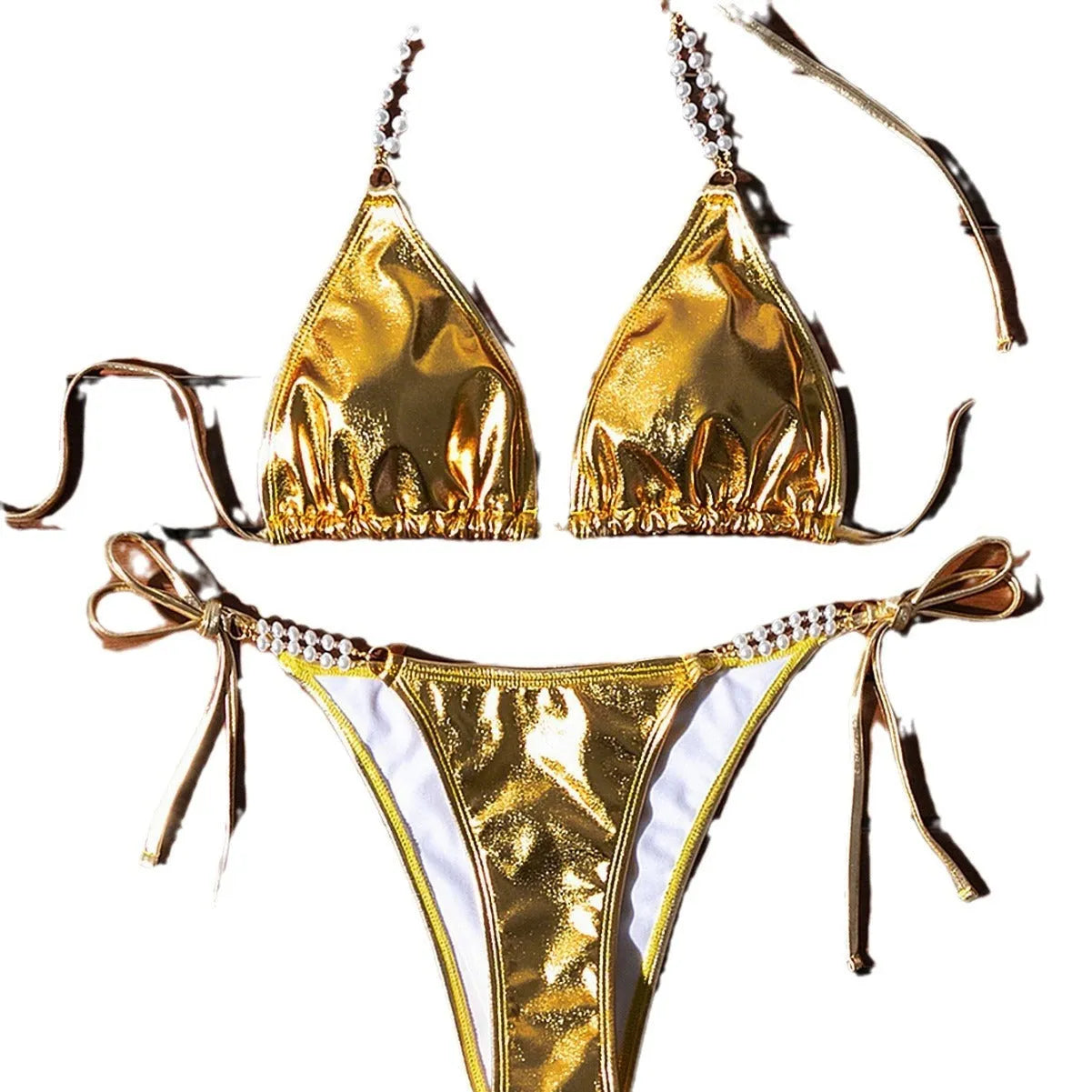 Gold halter lace-up bikini swimsuit with pearl chain detail, shown in Asian sizes