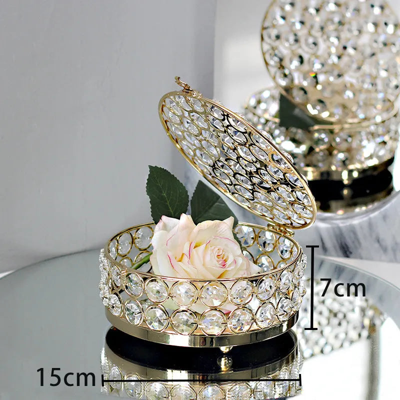 European-style French gold iron jewellery storage box with a transparent crystal glass lid.
