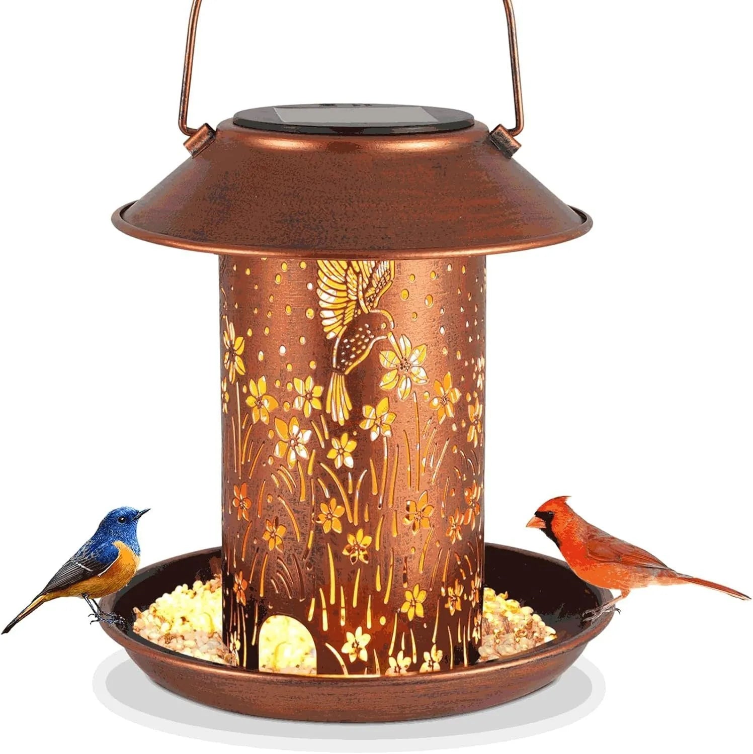 Solar-powered iron art bird feeder with hummingbird design and waterproof IP65 rating for garden placement