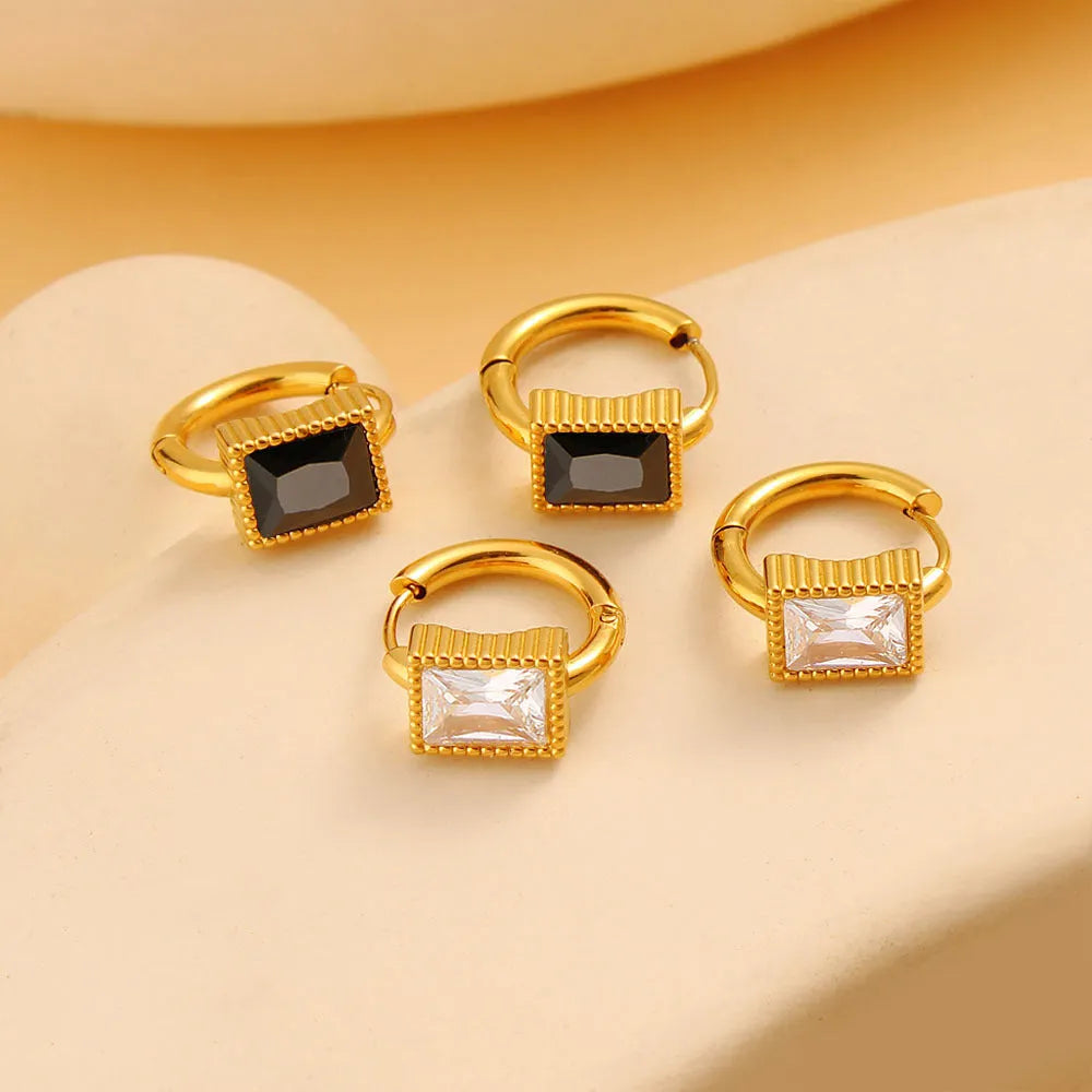 Square zircon geometric stainless steel earrings in white, black, or green colour on a white background.