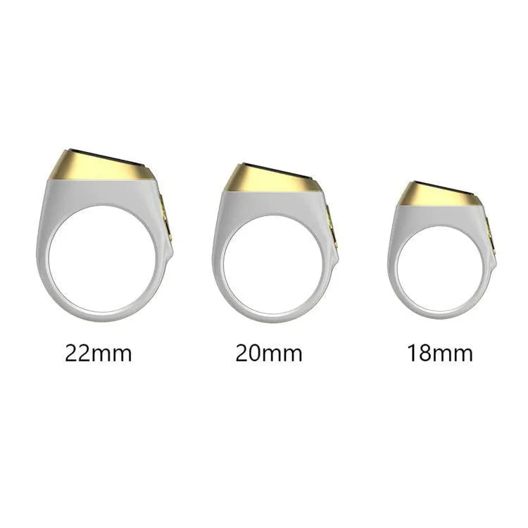 Zikr1 metal smart ring showing OLED display, available in black, green, rose gold, and silver.