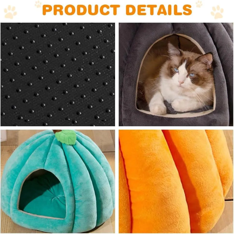 Pumpkin-shaped plush cat bed cave in blue, grey, or yellow with a removable interior mat.