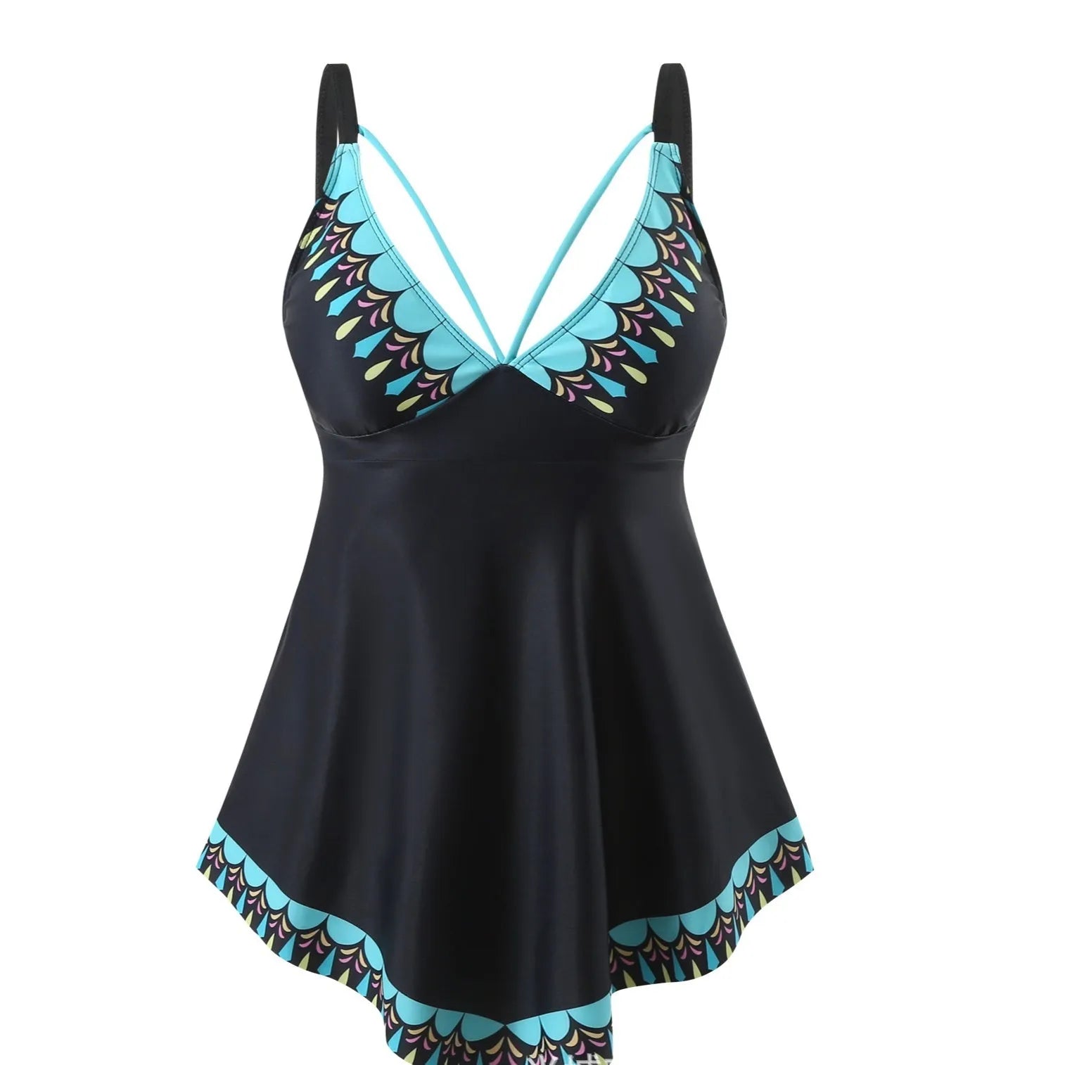 Plus size green polyester bikini two-piece suit for swimming.