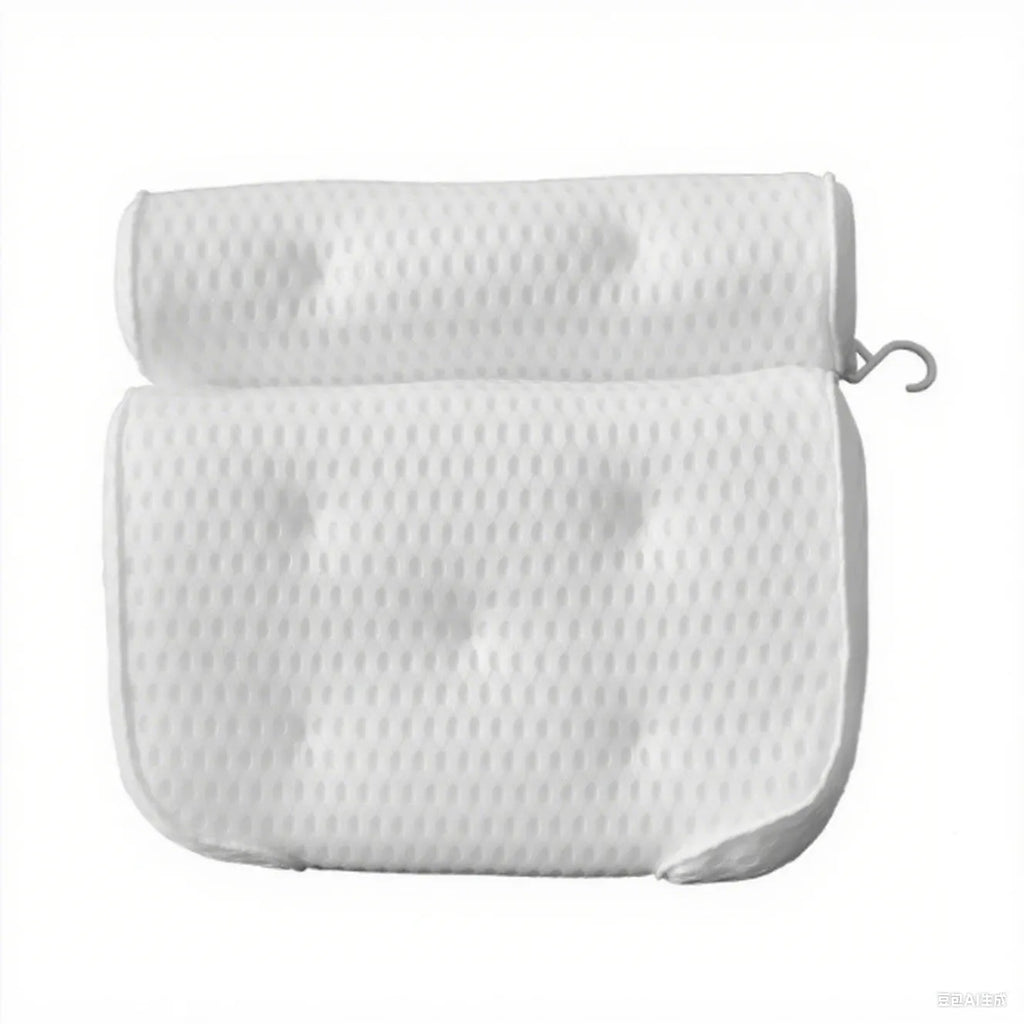 White 4D mesh bathtub pillow with 7 suction cups on a bathtub edge.