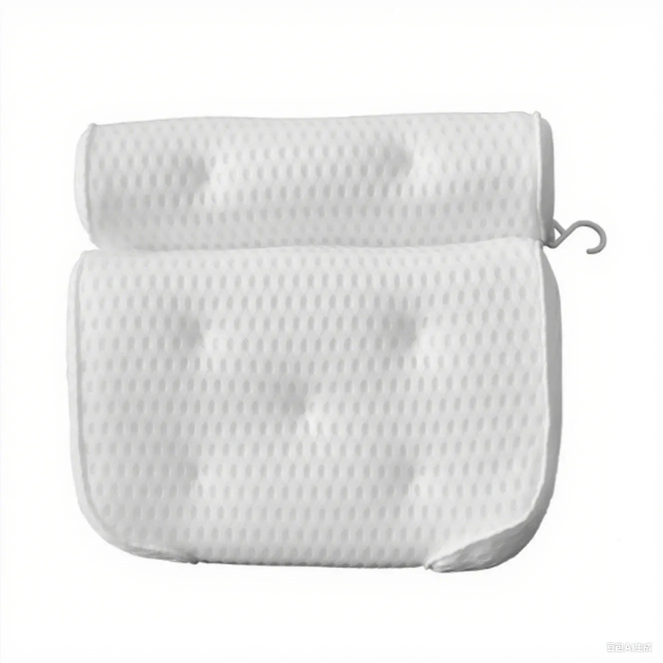 White 4D mesh bathtub pillow with 7 suction cups on a bathtub edge.