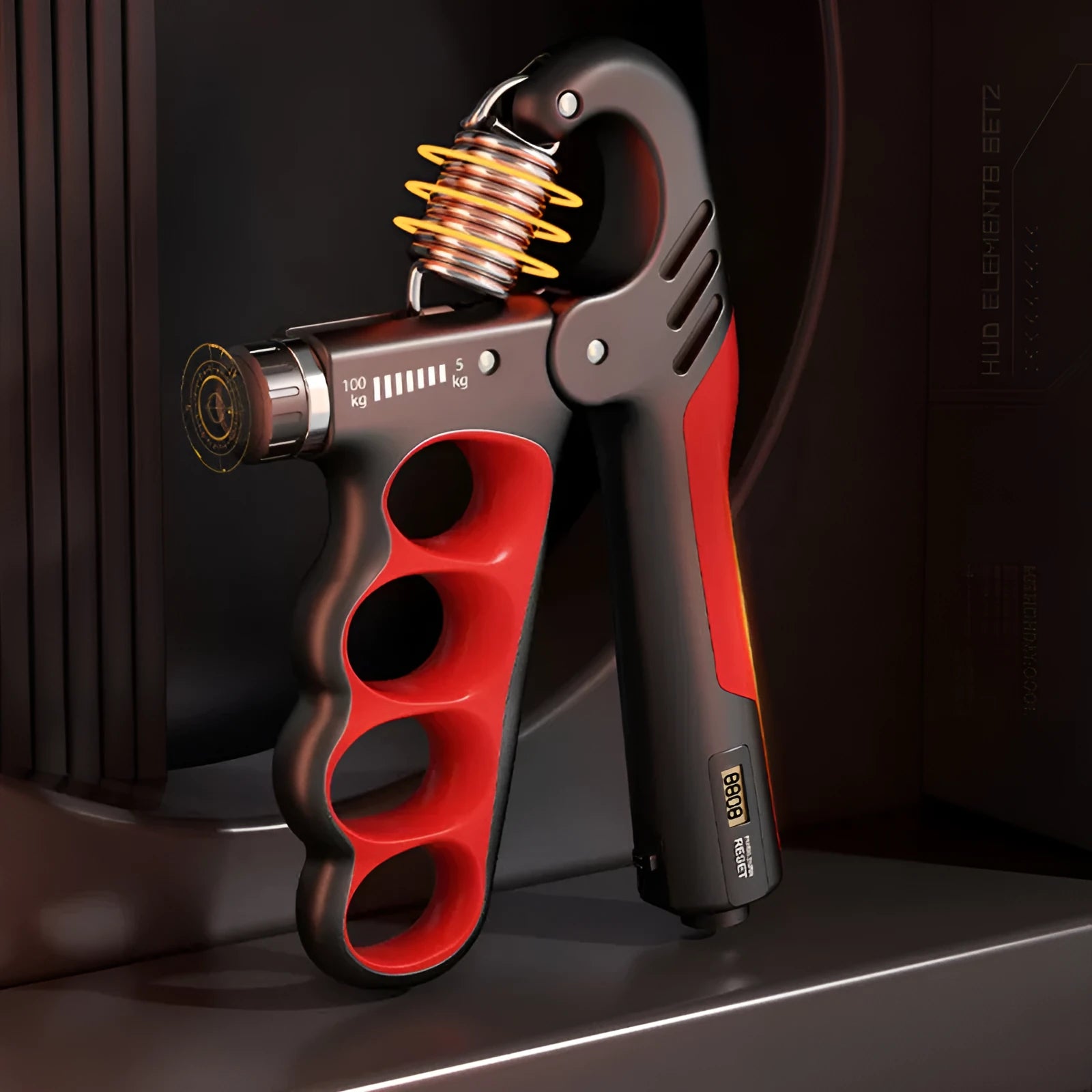 Adjustable electronic counter spring grip hand exerciser in grey, orange, or red.