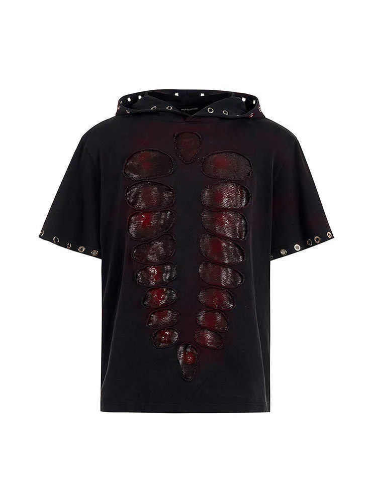 Black hooded men's short-sleeve T-shirt with sequin detailing and loose fit.