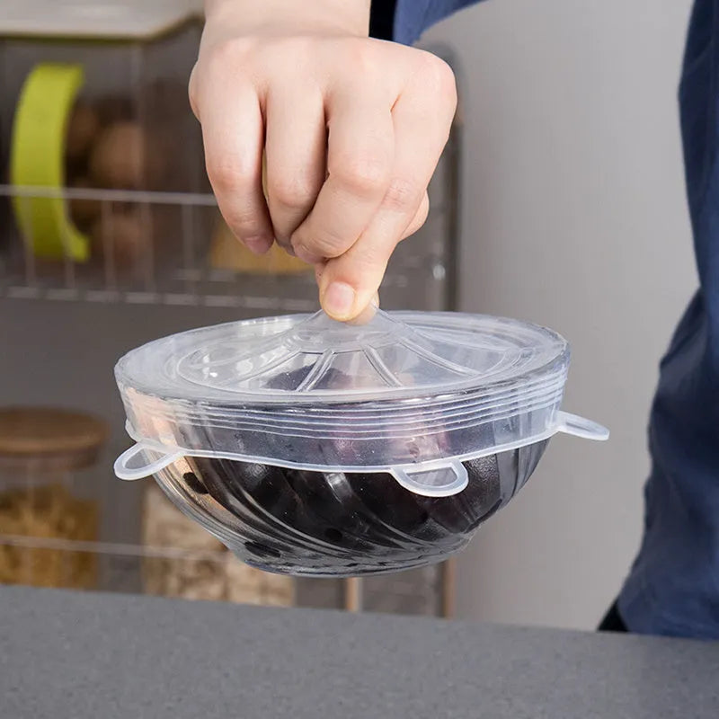 Six silicone stretch food covers in different sizes from 6.5cm to 20.5cm diameter