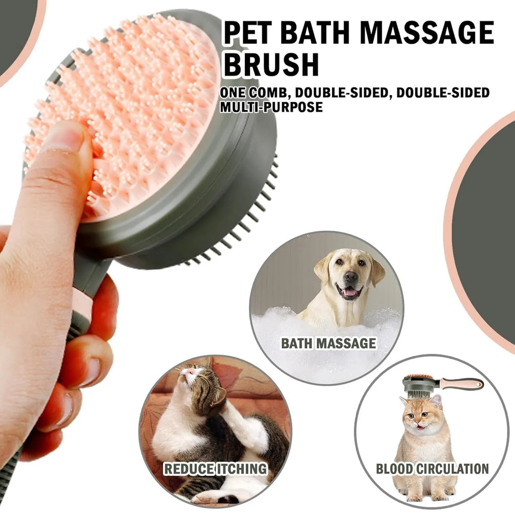 Double-sided pink cat grooming brush with release button and flea comb component