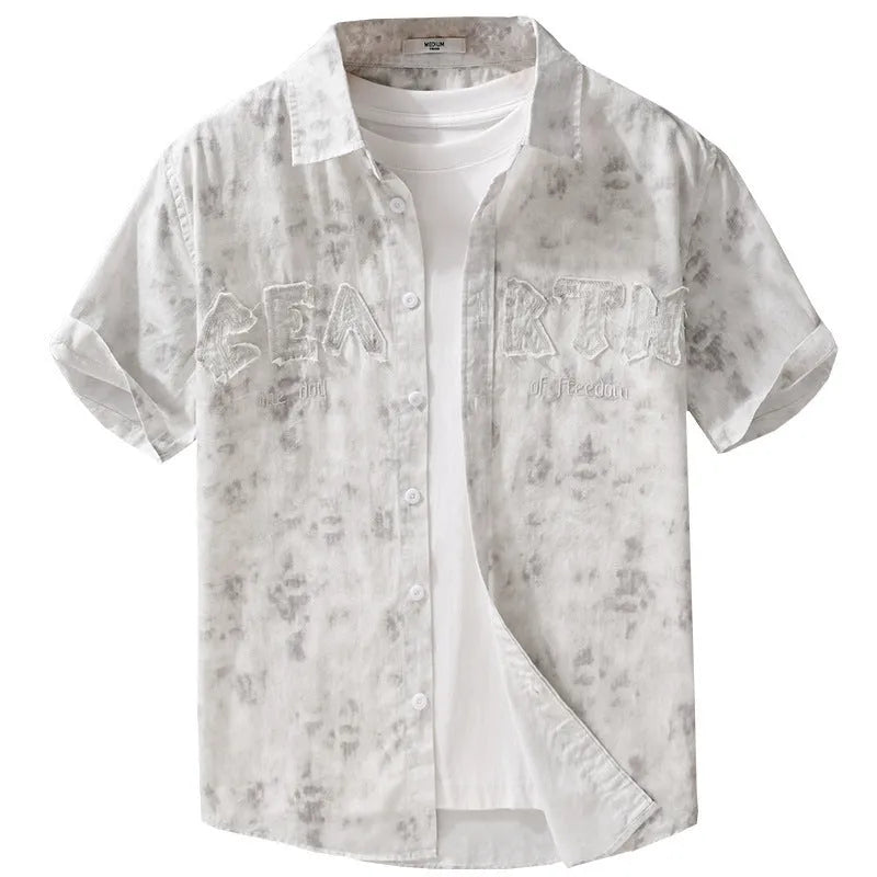 Men's gray white pure cotton short sleeve cardigan with hanging dyed print, loose casual fit