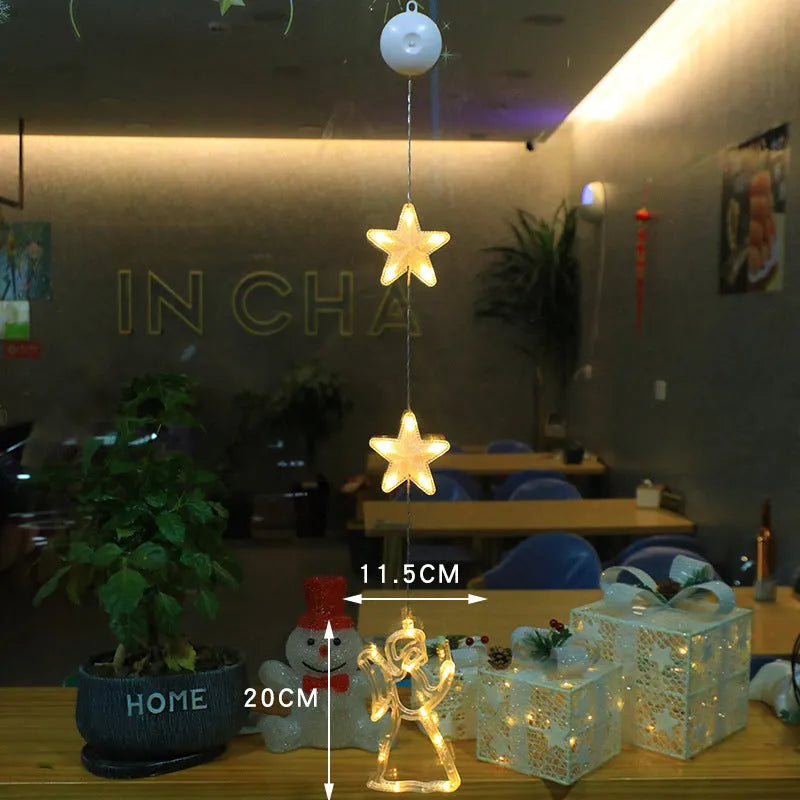 Christmas window lights with star-shaped LED pendants and suction cups for battery-operated festive decoration