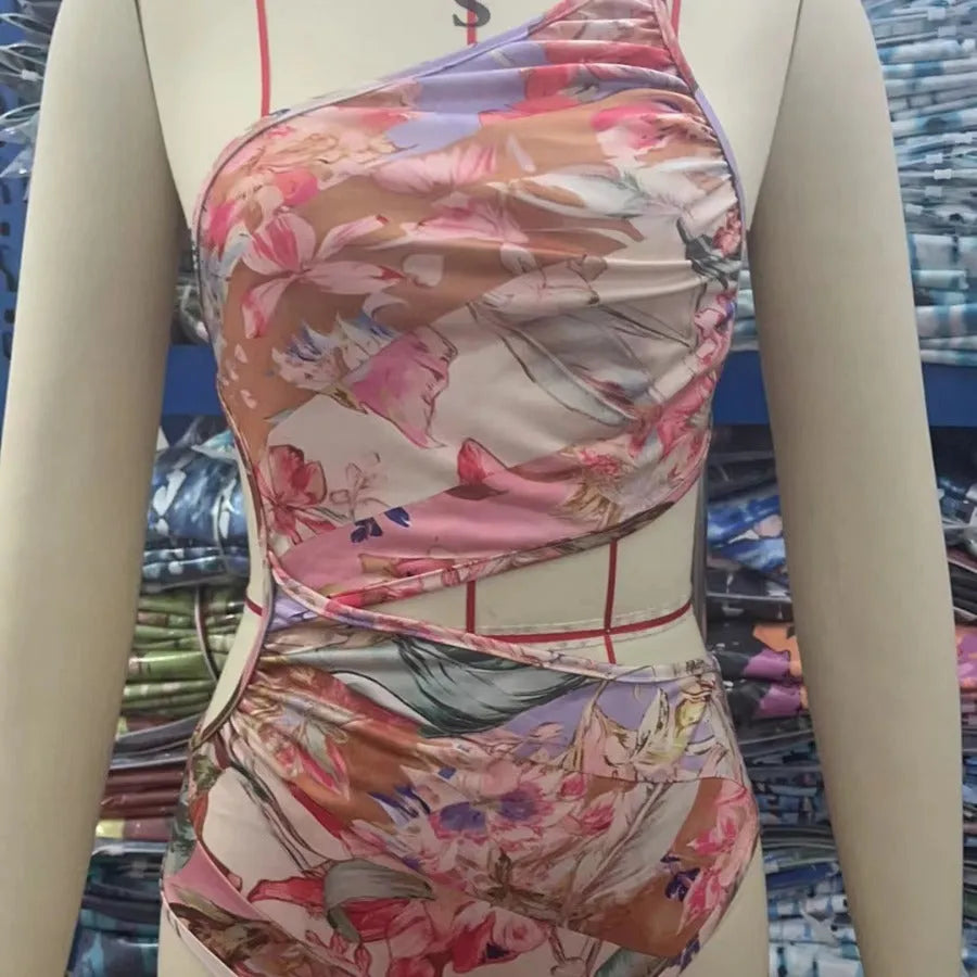 Women's rose gold patterned swimsuit in polyester fabric