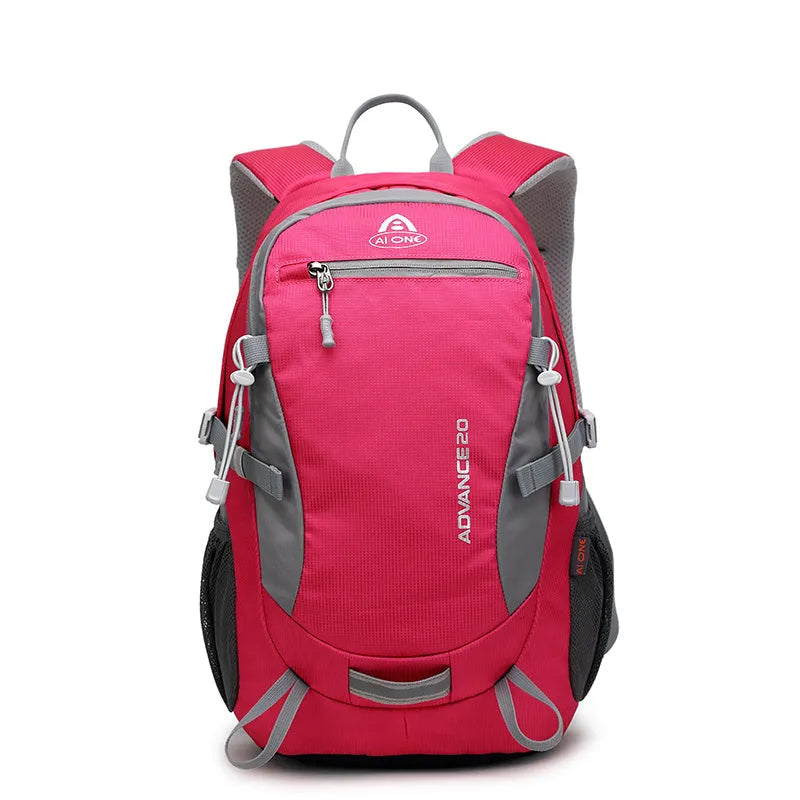 20-litre backpack shown in various colours including black, blue, green, orange, red, rose red, and turquoise