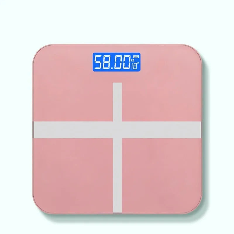 USB rechargeable electronic body weight scale in cross black, rose red, or white.
