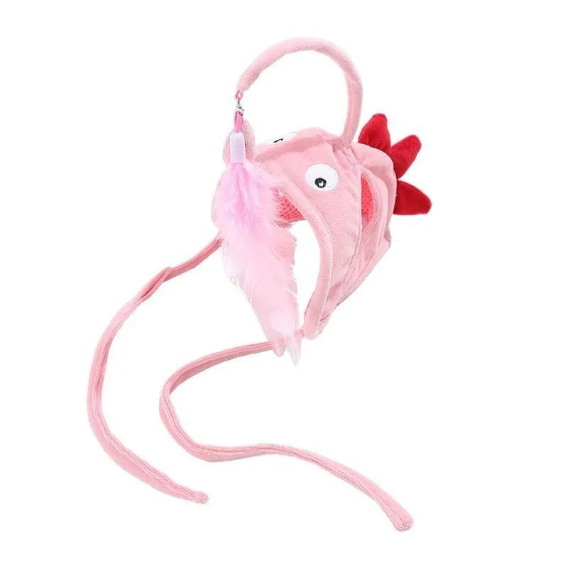 Grey dinosaur feather head teaser cat toy with adjustable neck strap for hands-free indoor play.