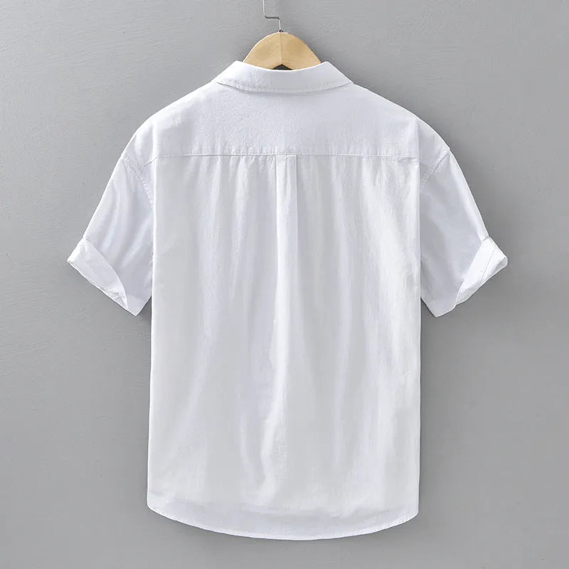 Men's loose-fitting cotton cardigan-style summer shirt with short sleeves in light gray