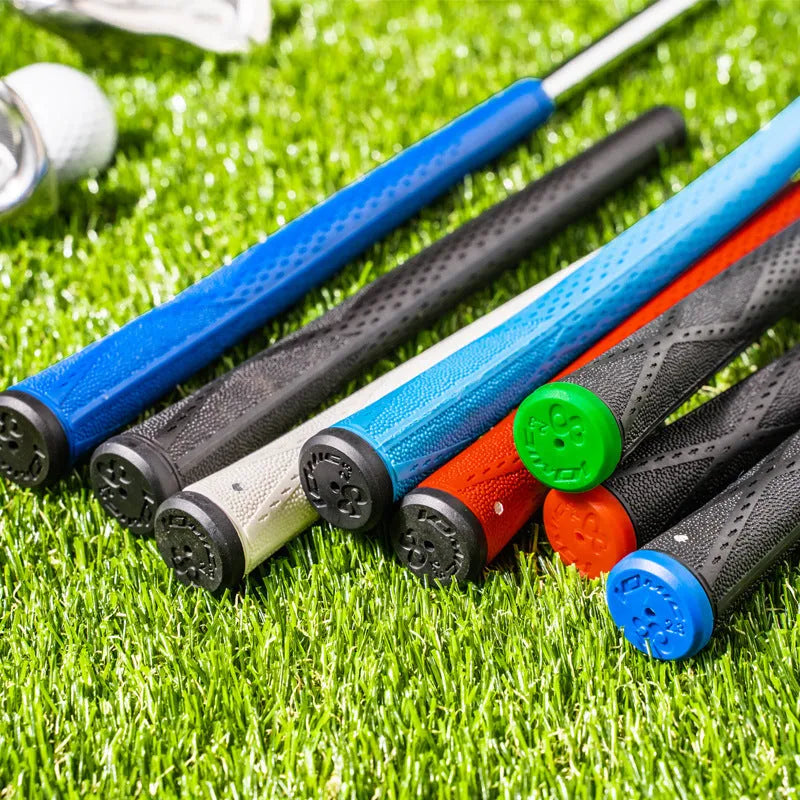 TPE material golf grip shown in various colour options including pink, red, and black.
