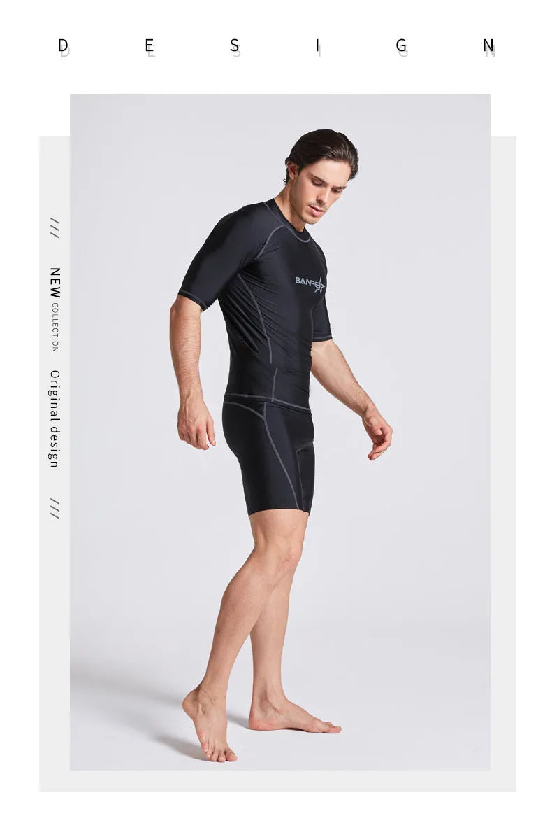 Men's half sleeve quick-dry wetsuit for snorkeling and surfing with matching swim pants