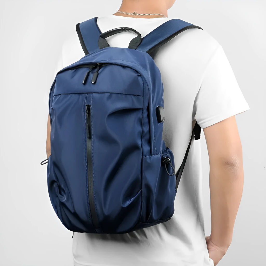 Urban minimalist men's backpack memory cloth gray colour fold-over design 45cm height