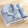 Men's long-sleeved milk silk homewear suit with cardigan top and trousers, available in grey stripe