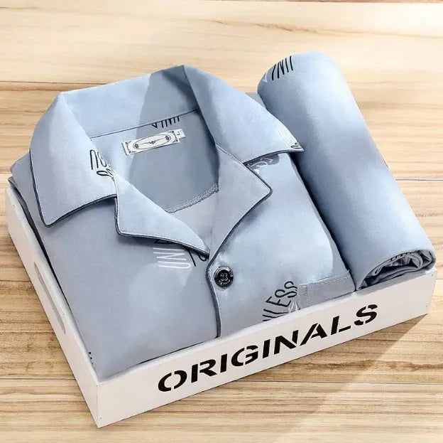 Men's long-sleeved milk silk homewear suit with cardigan top and trousers, available in grey stripe