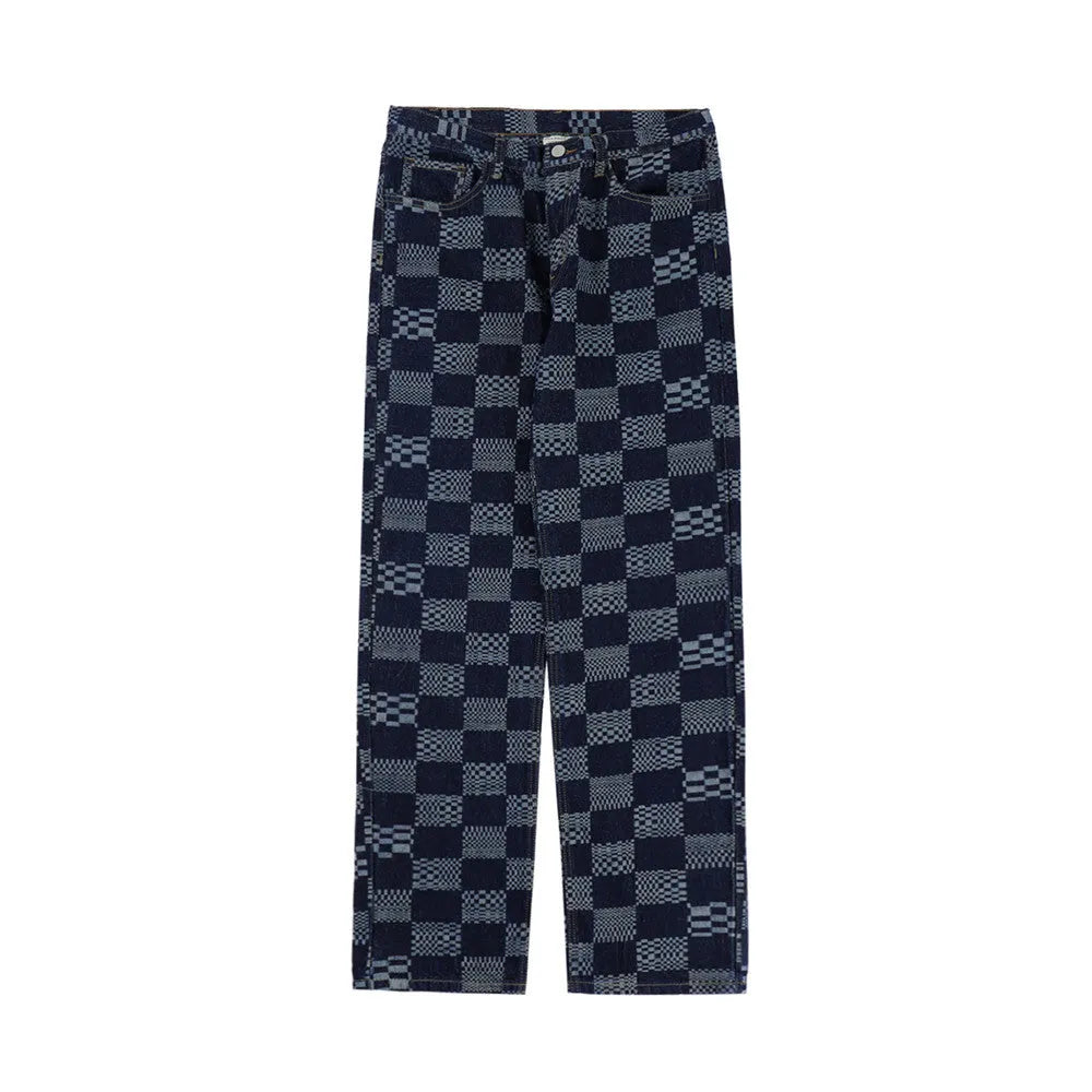 Men's black checkerboard jacquard straight loose fit cotton jeans