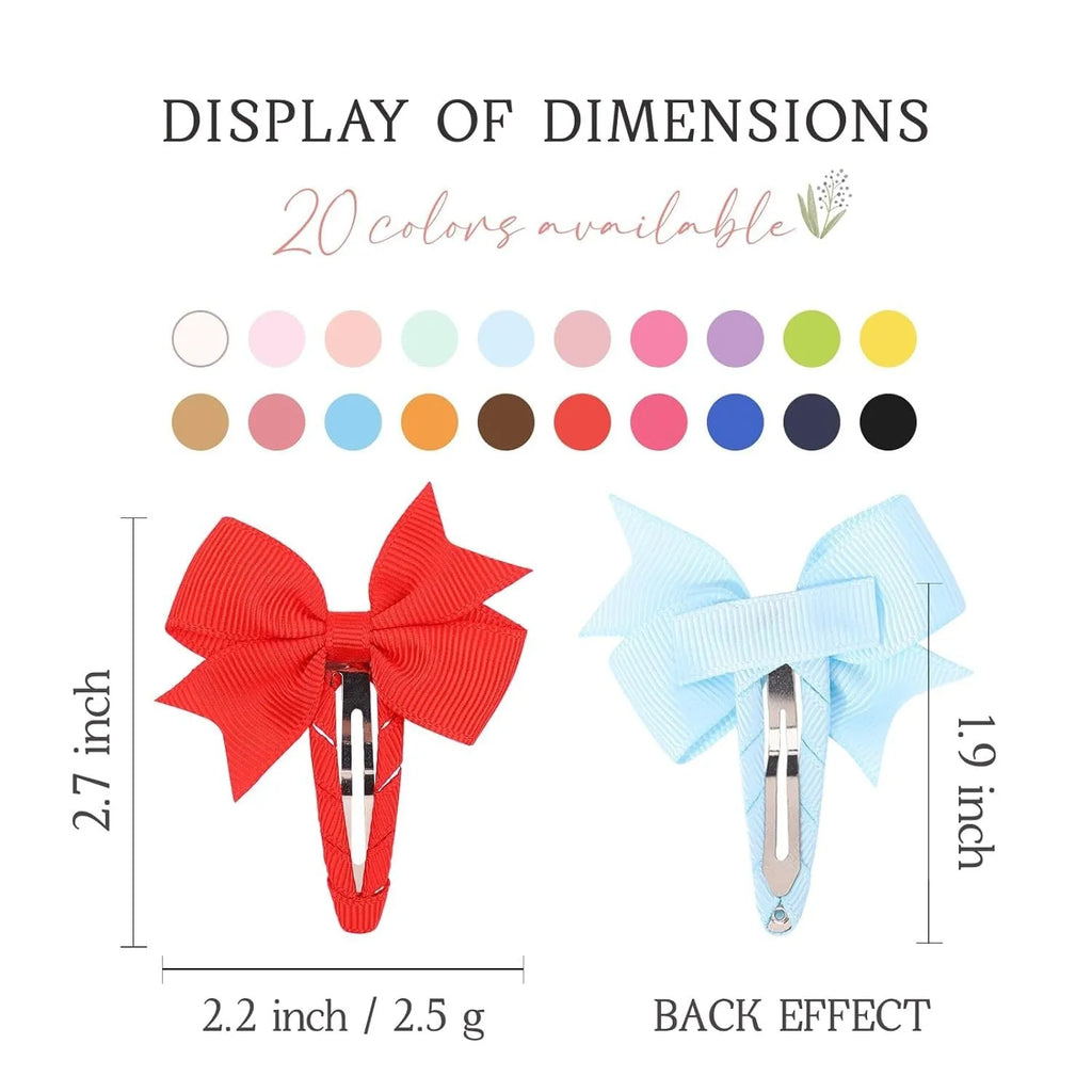 40 colourful grosgrain ribbon baby hair bows with soft wrapped snap clips.