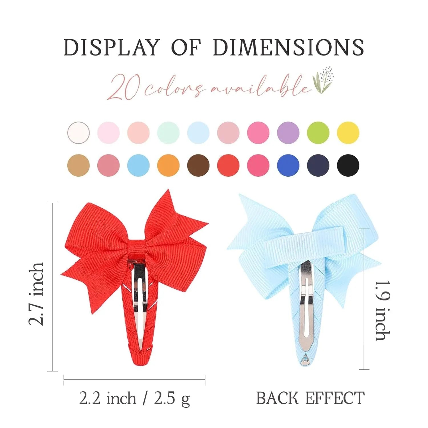 40 colourful grosgrain ribbon baby hair bows with soft wrapped snap clips.