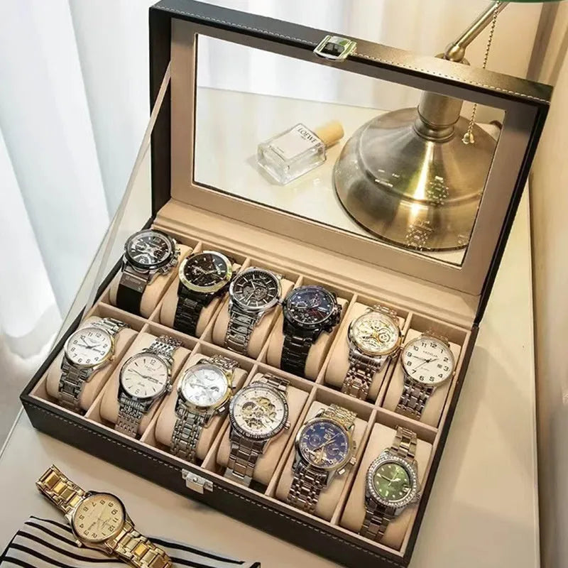 Grey high-grade leather watch storage box with a transparent dustproof lid showing multiple watch slots inside.