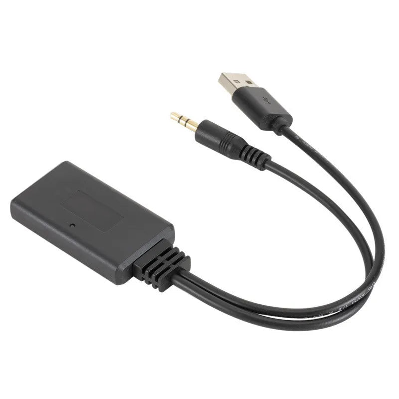 Black car AUX Bluetooth audio receiver with USB and 3.5mm output cables for wireless vehicle audio connection