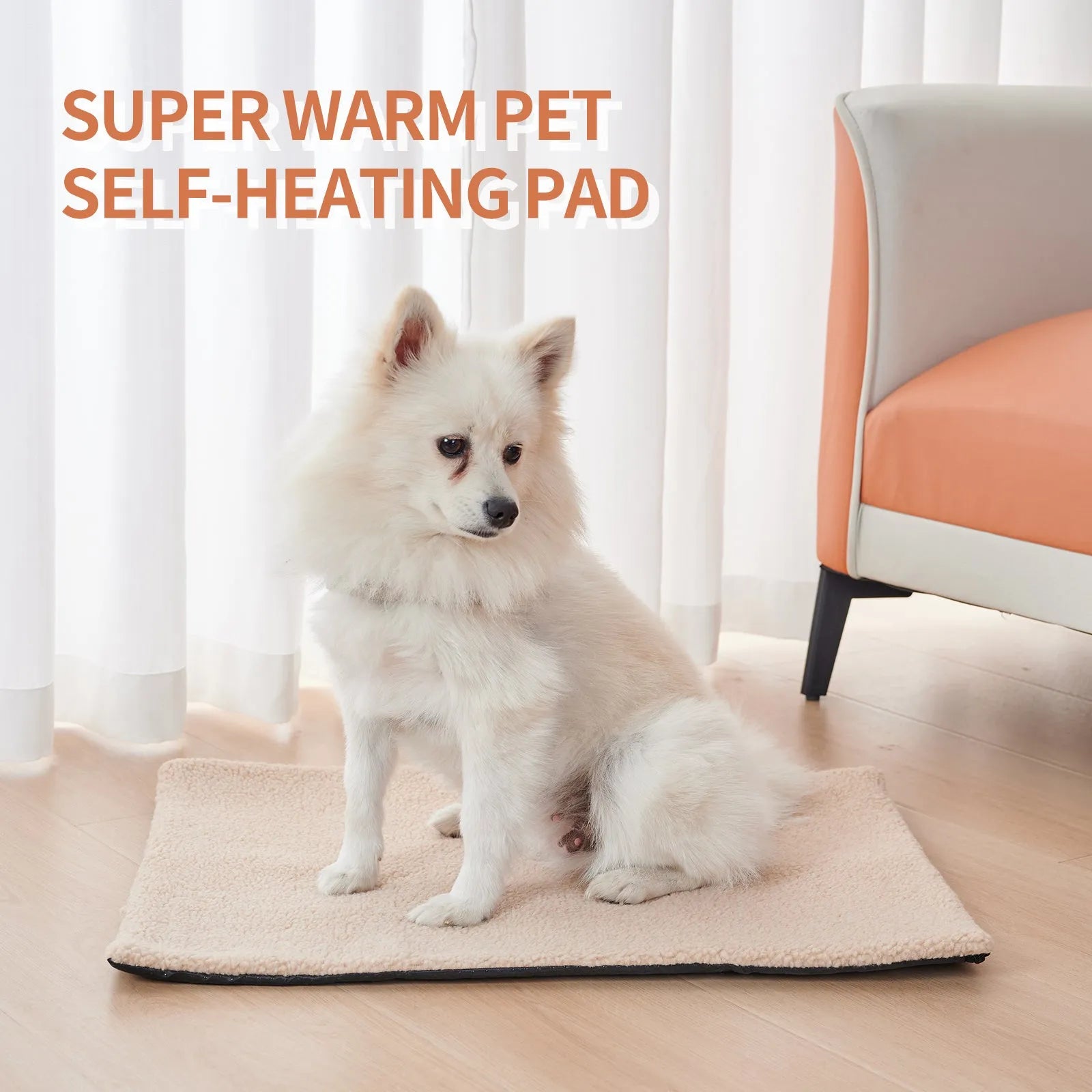 Grey self-heating plush pet pad for cats and dogs on a wooden floor