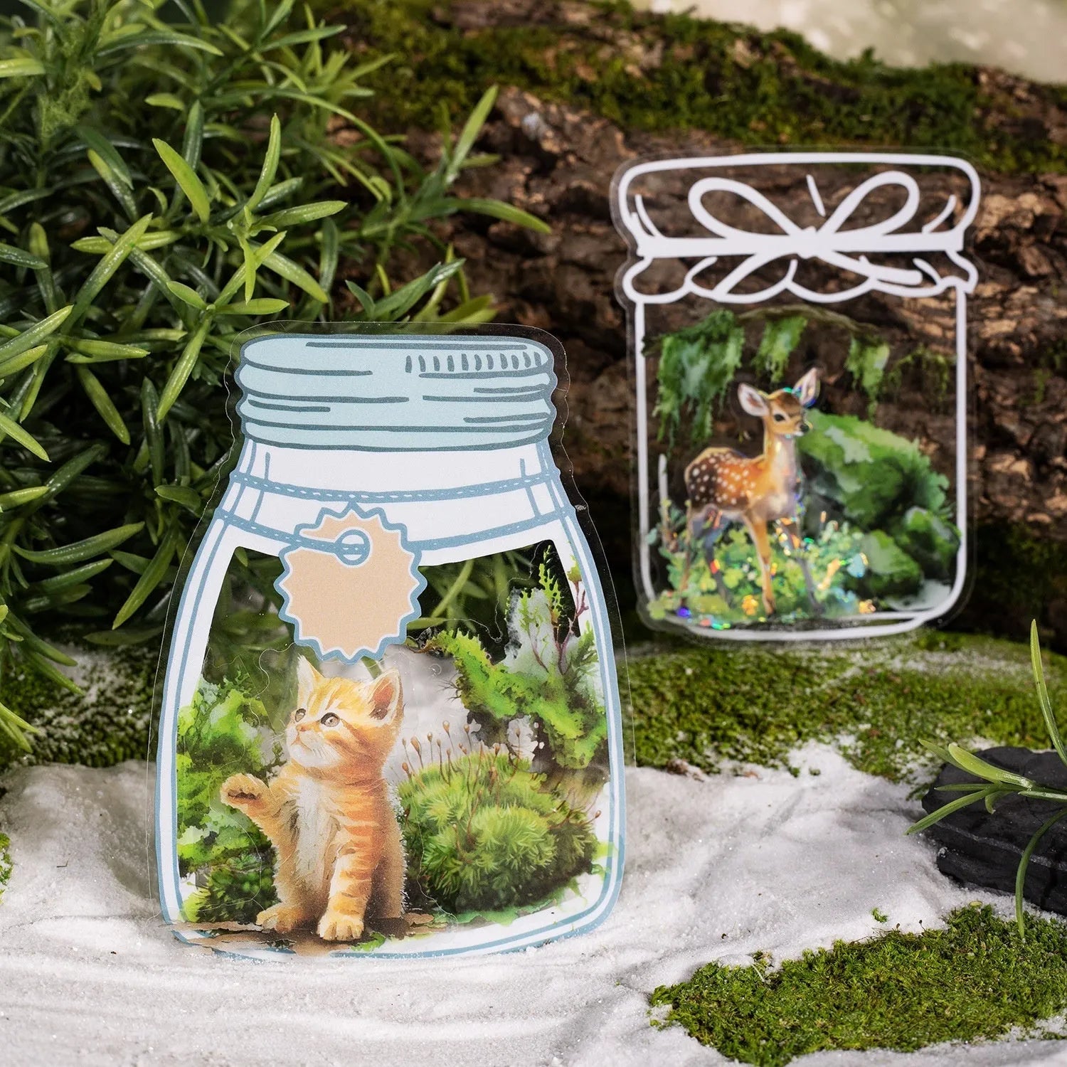 Forest Moss Series DIY decorative sticker set with PEt tape rolls, artificial moss pieces, wooden decorations, and small metal ornaments on a white background