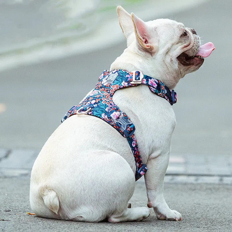 Pure cotton pull-resistant pet chest harness in a floral pattern, showing adjustable straps.