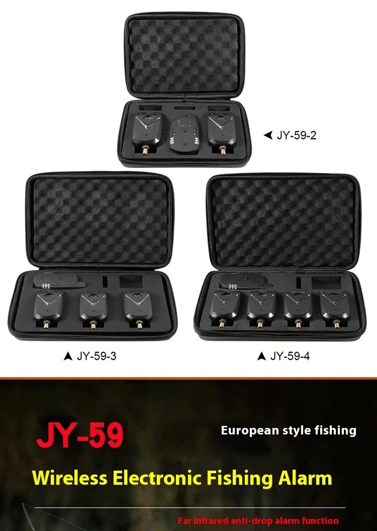 Wireless fishing electronic bite alarm unit with ABS casing for multi-rod monitoring.