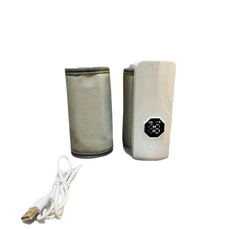 Grey and white car charger electric milk warmer with ABS polypropylene body and pu leather cover.