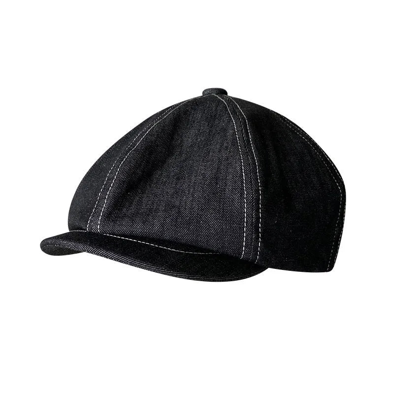Black cotton beret with Japanese denim fabric texture shown in adult unisex sizing