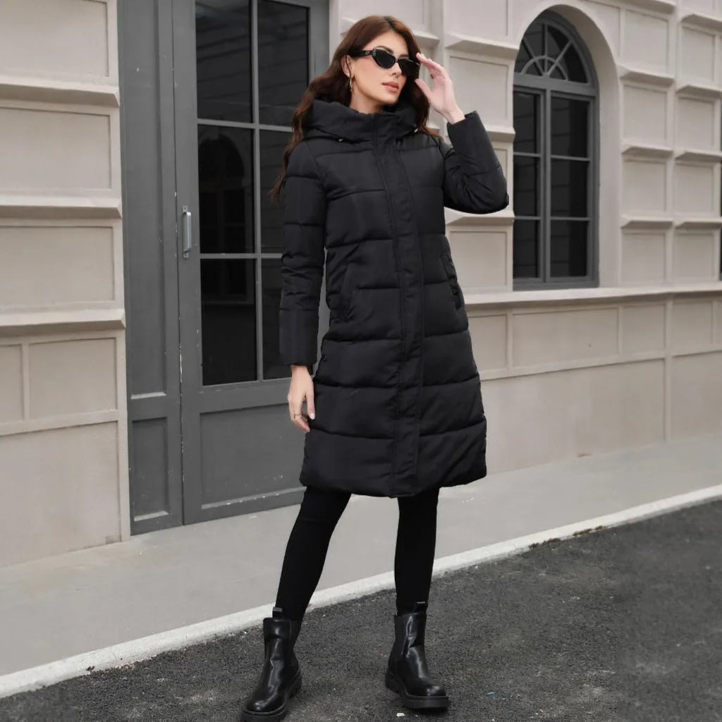 Men's black slim fit hooded winter jacket with long sleeves and thickened cotton construction