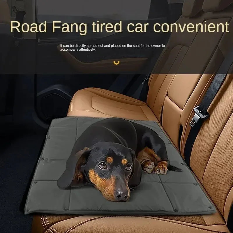 Portable dog travel bed in black, 3-in-1 carrier mat and cushion with collapsible design and carry handle