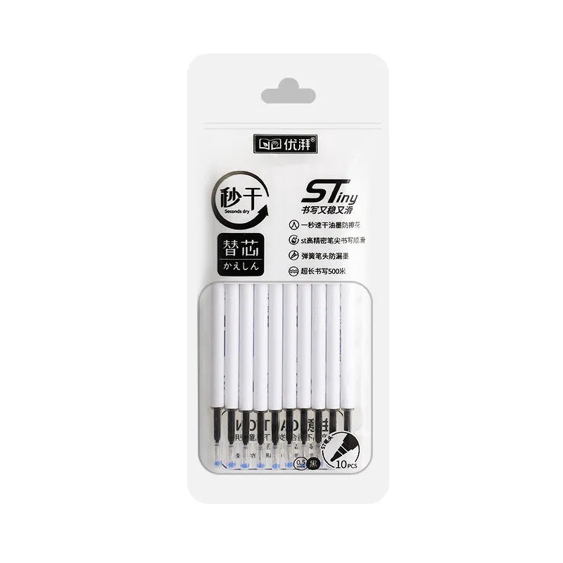 Quick-drying ballpoint pen refills in black, blue, ink blue, and red colours showing packaging of 10 bags